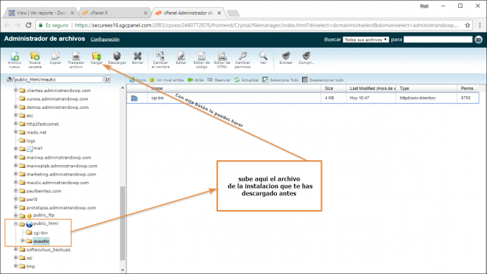 Sube el archivo de instalacion de Mautic a tu carpeta raiz del subdominio desde el cpanel