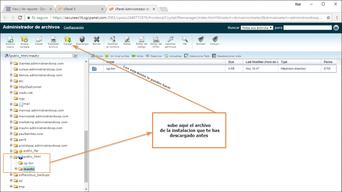 Sube el archivo de instalacion de Mautic a tu carpeta raiz del subdominio desde el cpanel 