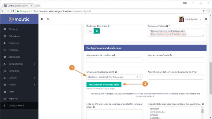 Ahora te toca cargar la base de datos MaxMind - GeoLite2 City Download en Mautic