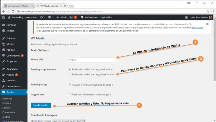 Configura el plugin de WordPress para Mautic con la opciones que te indico.