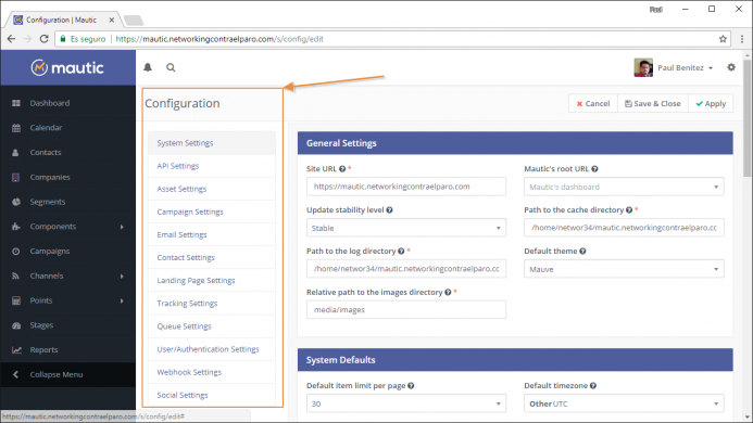 El menu completo de opciones de configuración de Mautic