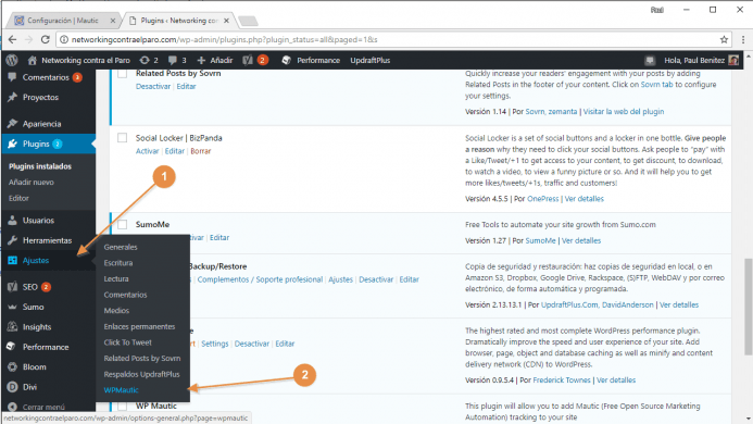 Localiza las opciones de configuración del plugin de Mautic para WordPress