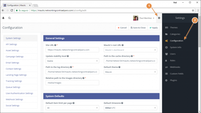 Opciones de configuración de Mautic