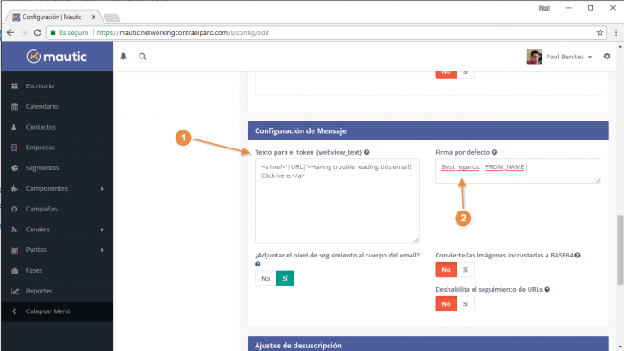 Traduce los textos en la opción de configuración del mensaje de correo electrónico de Mautic.