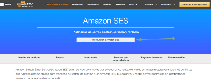 Acceso a la página de contratación del servicio Amazon SES