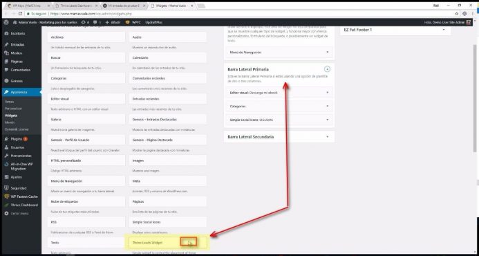 Arrastra el widget de Thrive Leads al área de widget de barra lateral primaria