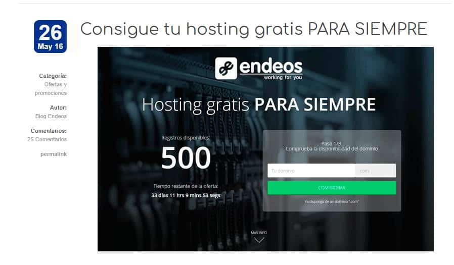 Promoción de hosting gratis para siempre de ENDEOS en Mayo de 2016