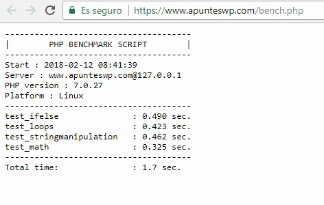 Detalle de los resultados obtenidos con el script bench.php para el dominio www.apunteswp.com alojado en Vultr