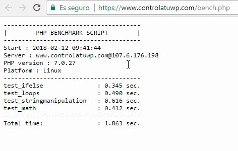 Detalle de los resultados obtenidos con el script bench.php para el dominio www.controlatuwp.com alojado en FastComet