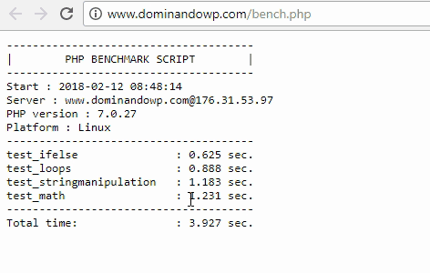 Detalle de los resultados obtenidos con el script bench.php para el dominio www.dominandowp.com alojado en Endeos