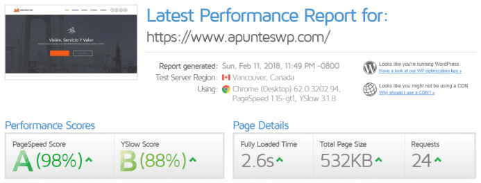 Detalle de los resultados obtenidos en GTmetrix para el dominio www.apunteswp.com alojado en Vultr
