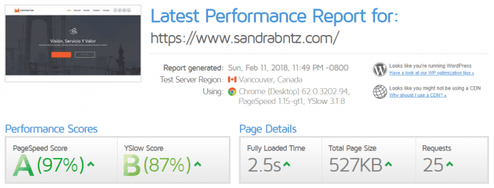 Detalle de los resultados obtenidos en GTmetrix para el dominio www.sandrabntz.com alojado en Contabo