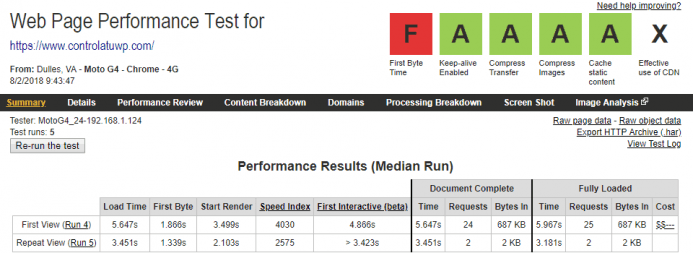 Detalle de los resultados obtenidos en webpagetest para el dominio www.controlatuwp.com alojado en FastComet desde un dispositivo móvil