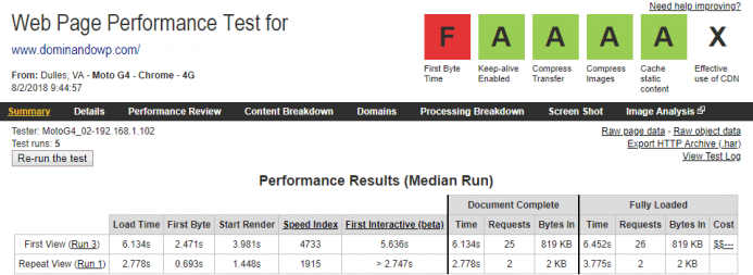 Detalle de los resultados obtenidos en webpagetest para el dominio www.dominandowp.com alojado en Endeos desde un dispositivo móvil