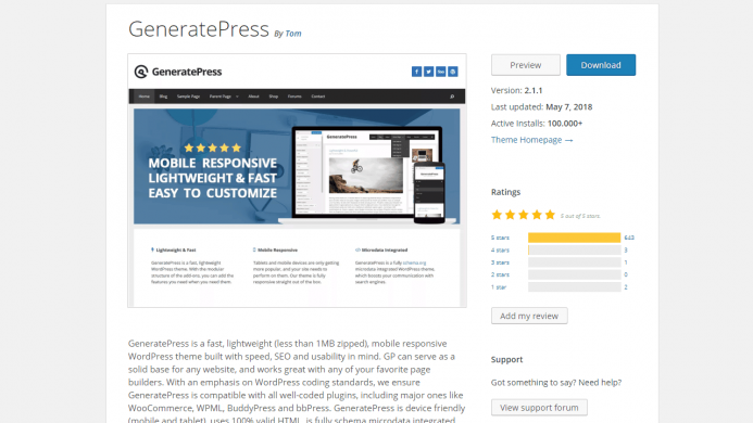 GeneratePress es un tema WordPress gratis con más de 100.000 instalaciones activas y con un ratio de opiniones de 5 sobre 5.