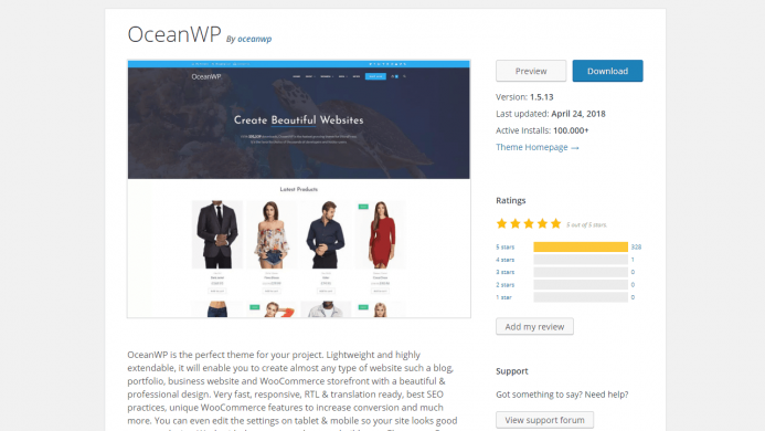 OceanWP es una plantilla WordPress gratis con más de 100.000 instalaciones activas y con un ratio de opiniones de 5 sobre 5.