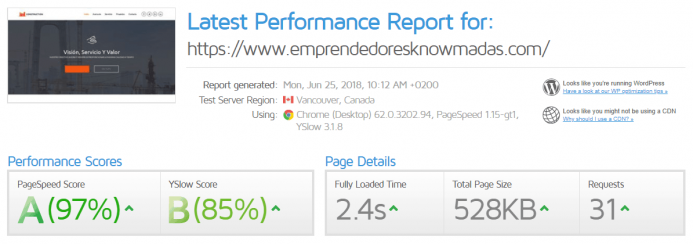 Detalle de los resultados de un test de velocidad realizado con pingdom tools en UpCloud y el dominio www.emprendedoresknowmadas.com