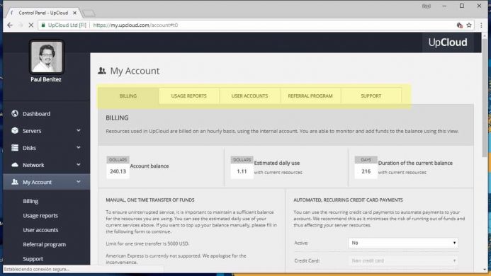 Detalles relativos a tu cuenta de usuario en UpCloud