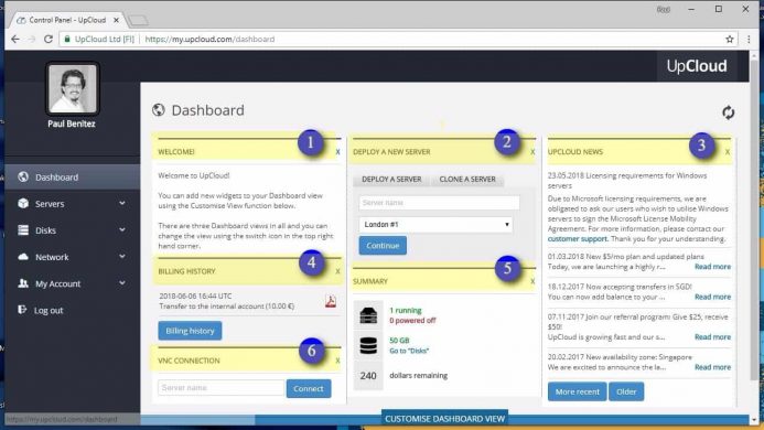 Paneles informativos de UpCloud localizados en el escritorio o dashboard