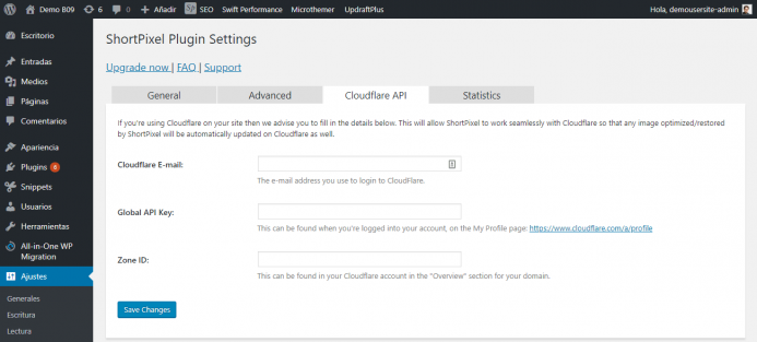 Opciones de configuración de Cloudflare API de ShortPixel