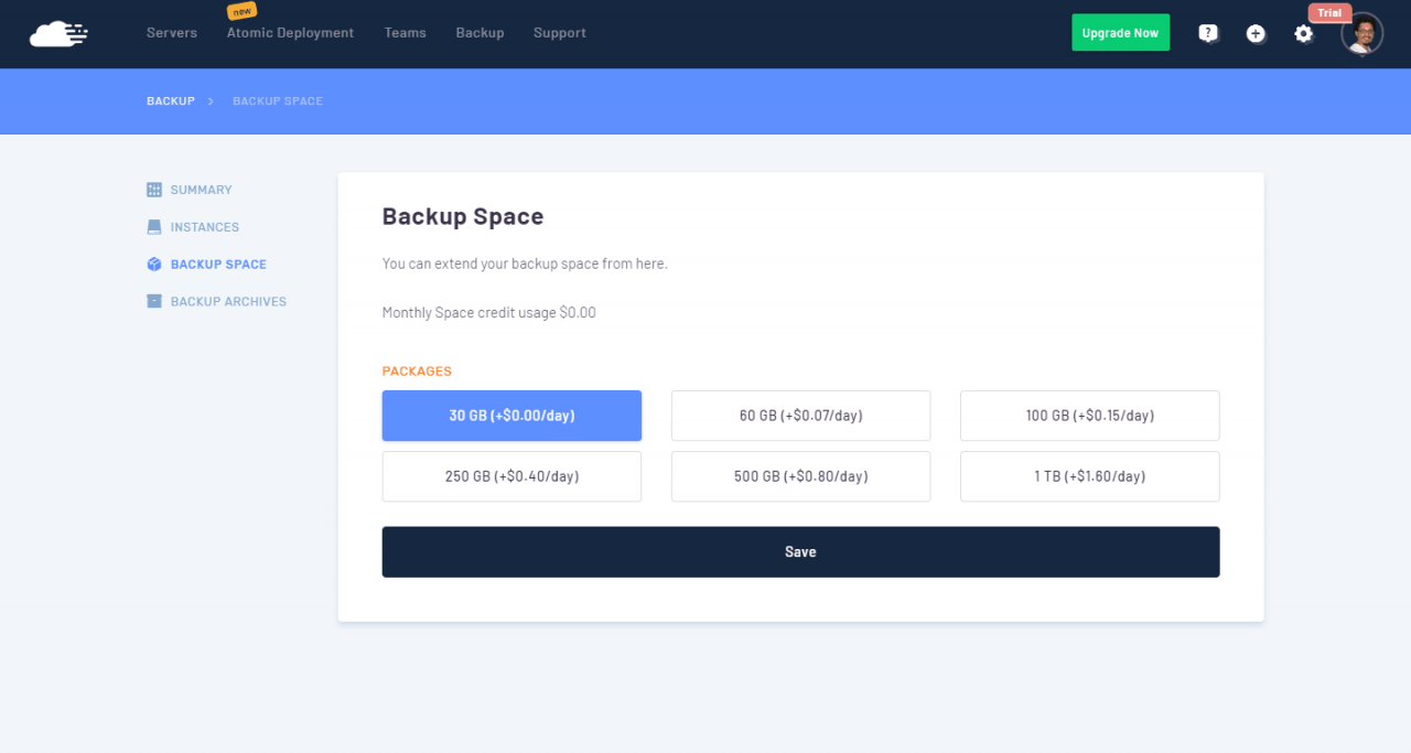 RunCloud - Almacenamiento disponible para copias de seguridad