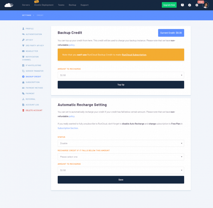RunCloud - Recarga de saldo