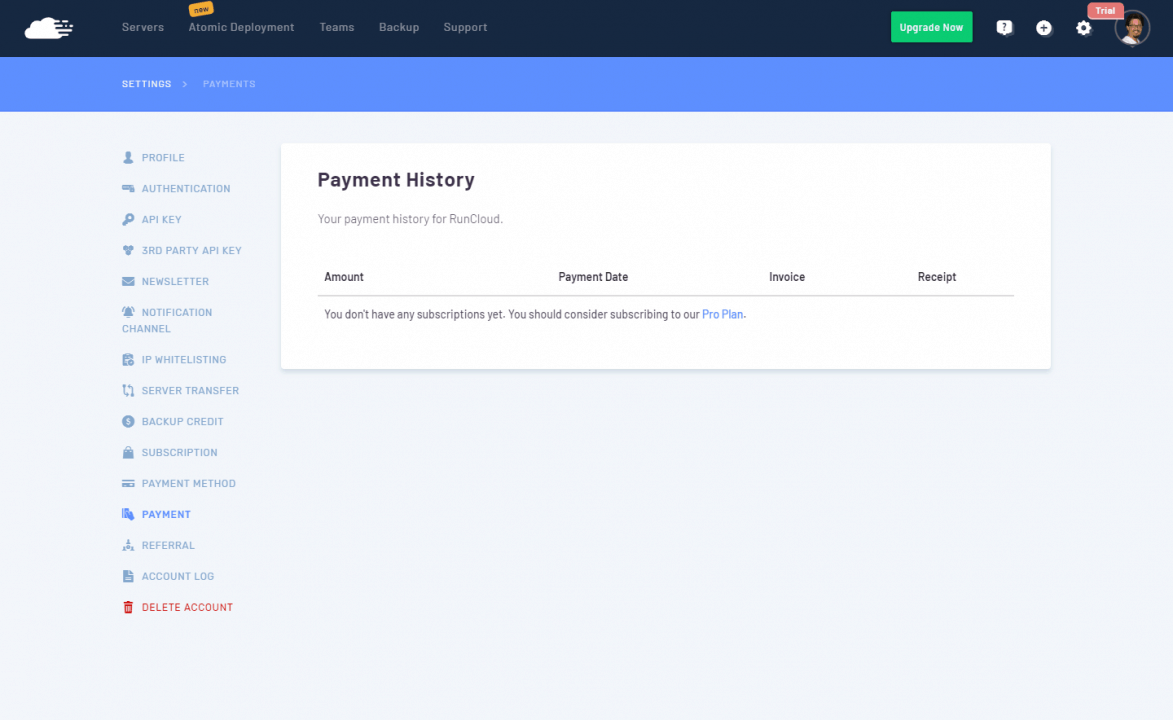RunCloud - Historial de pagos