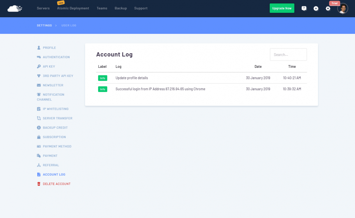 RunCloud - Configuración y logs de usuario